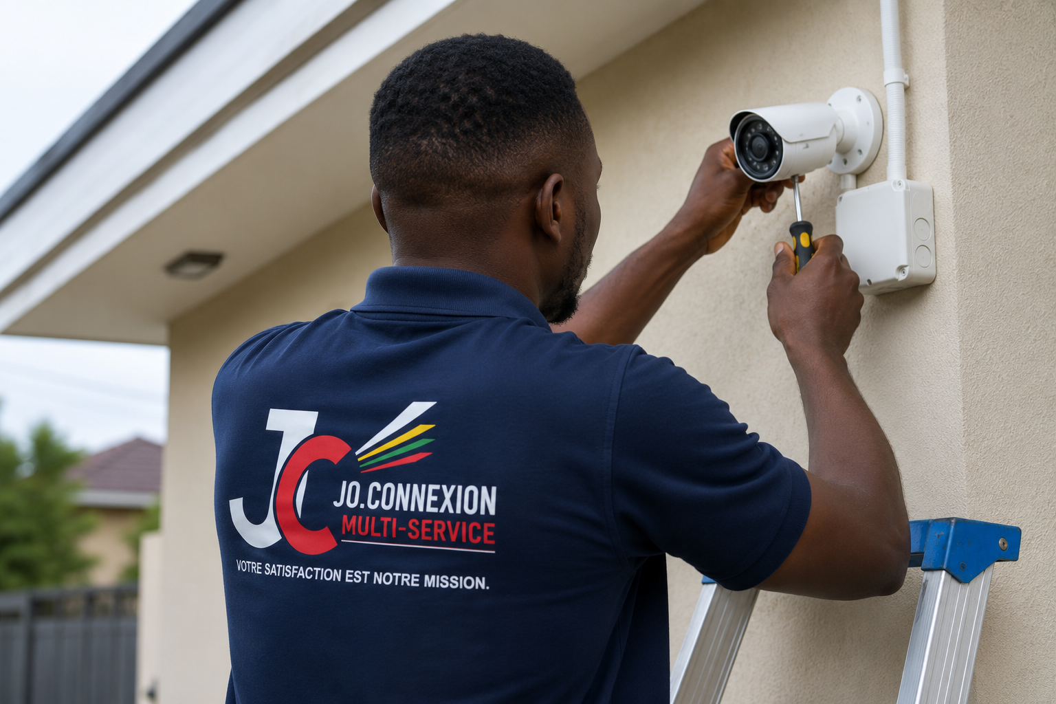 Technicien Jo.Connexion installant une caméra